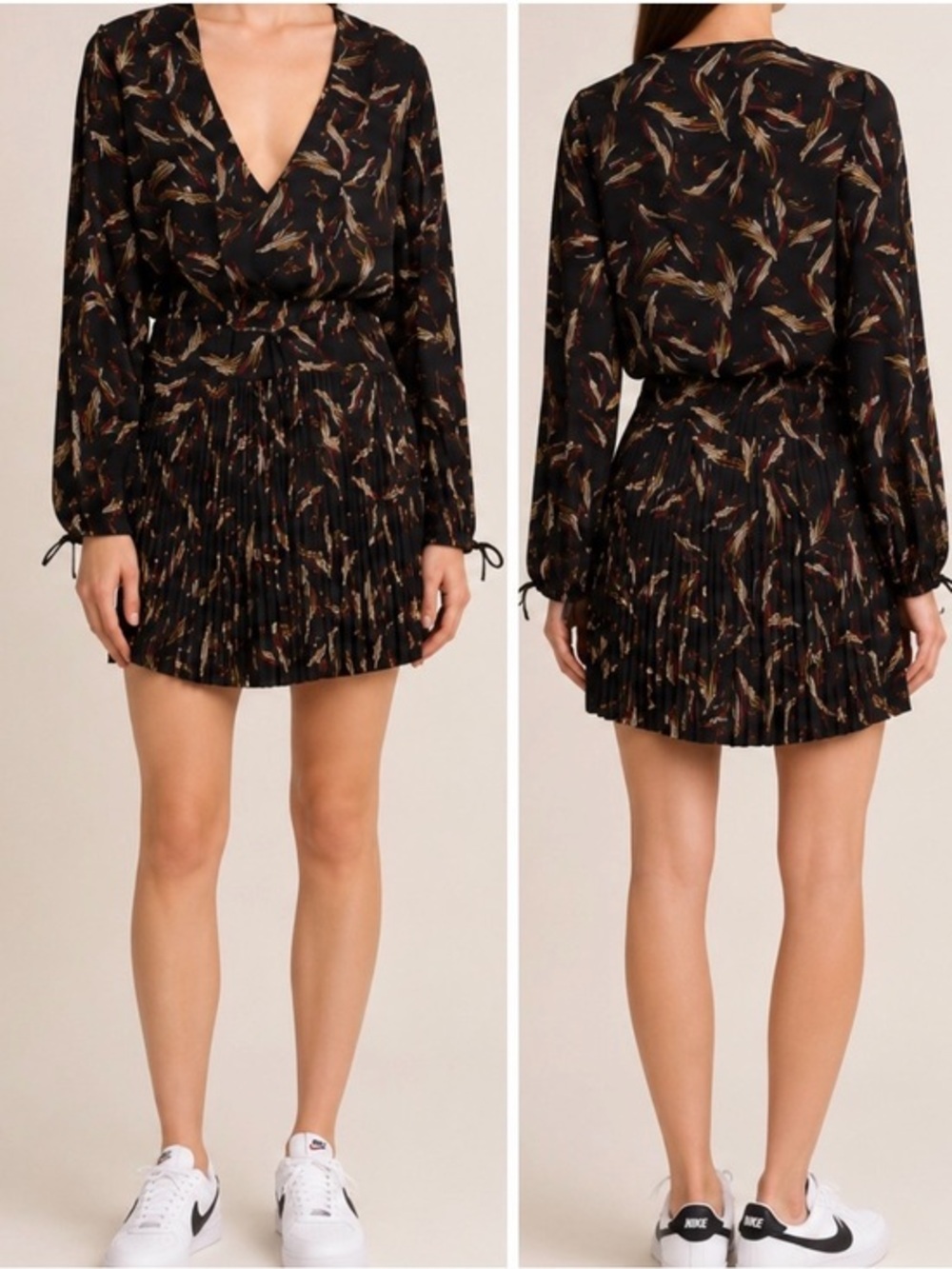 A.L.C. Rory Pleated Palm Leaf Printed Silk Mini Dress in Brown Multi